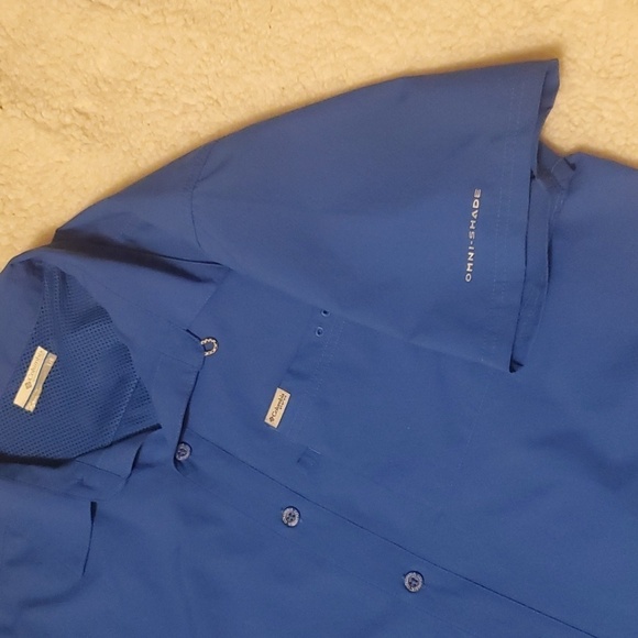 COLUMBIA PFG Blue Short Sleeve Button Down Snap Top Large - Picture 4 of 7